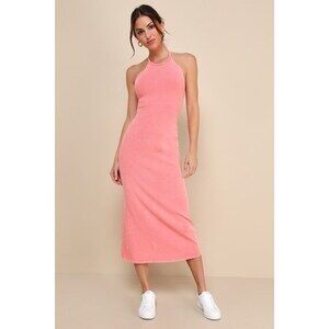 Lulus Sunny Admiration Washed Coral Pink Ribbed Sleeveless Midi Dress - Size S